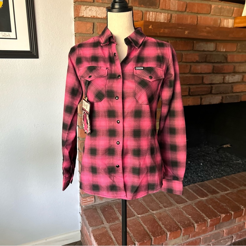 NWT DIXXON Survivor Flannel Button Down Shirt in Pink Cancer Awareness Sz S